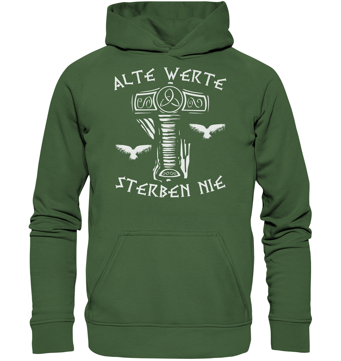 Wikinger Hoodie Herren oliv – Alte Werte Norse Mythologie mit Raben und Thor-Hammer-Symbol