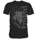 Walhalla Wolf Shirt Herren: Wolfskopf mit Valhalla-Schriftzug und Vegvísir in grauem Druck