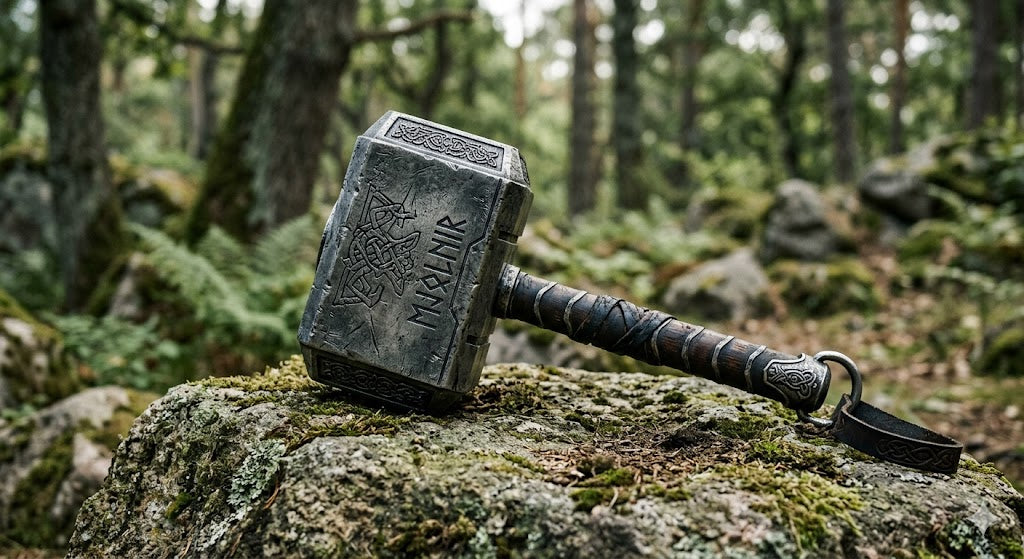 Mjölnir Hammer aus Metall mit nordischen Runen – Thors Symbol der Wikinger Mythologie auf moosbedecktem Stein