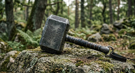 Mjölnir Hammer aus Metall mit nordischen Runen – Thors Symbol der Wikinger Mythologie auf moosbedecktem Stein