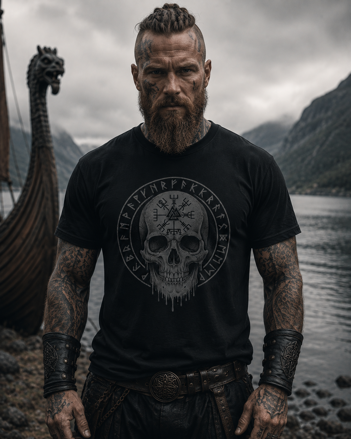 Wikinger Shirt Herren – Mann trägt schwarzes Odin T-Shirt von Donnerwolf