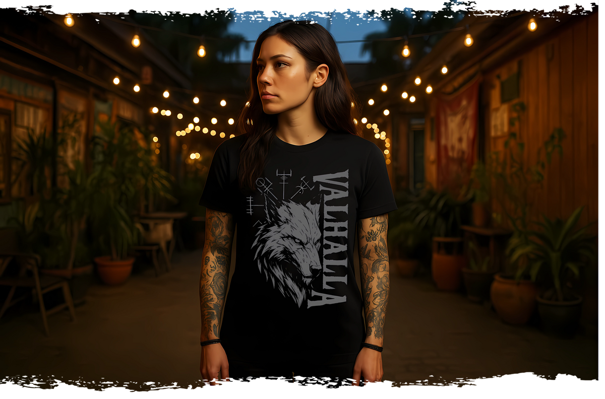 chwarzes Wikinger T-Shirt für Damen mit Valknut-Motiv auf dem Rücken von DONNERWOLF