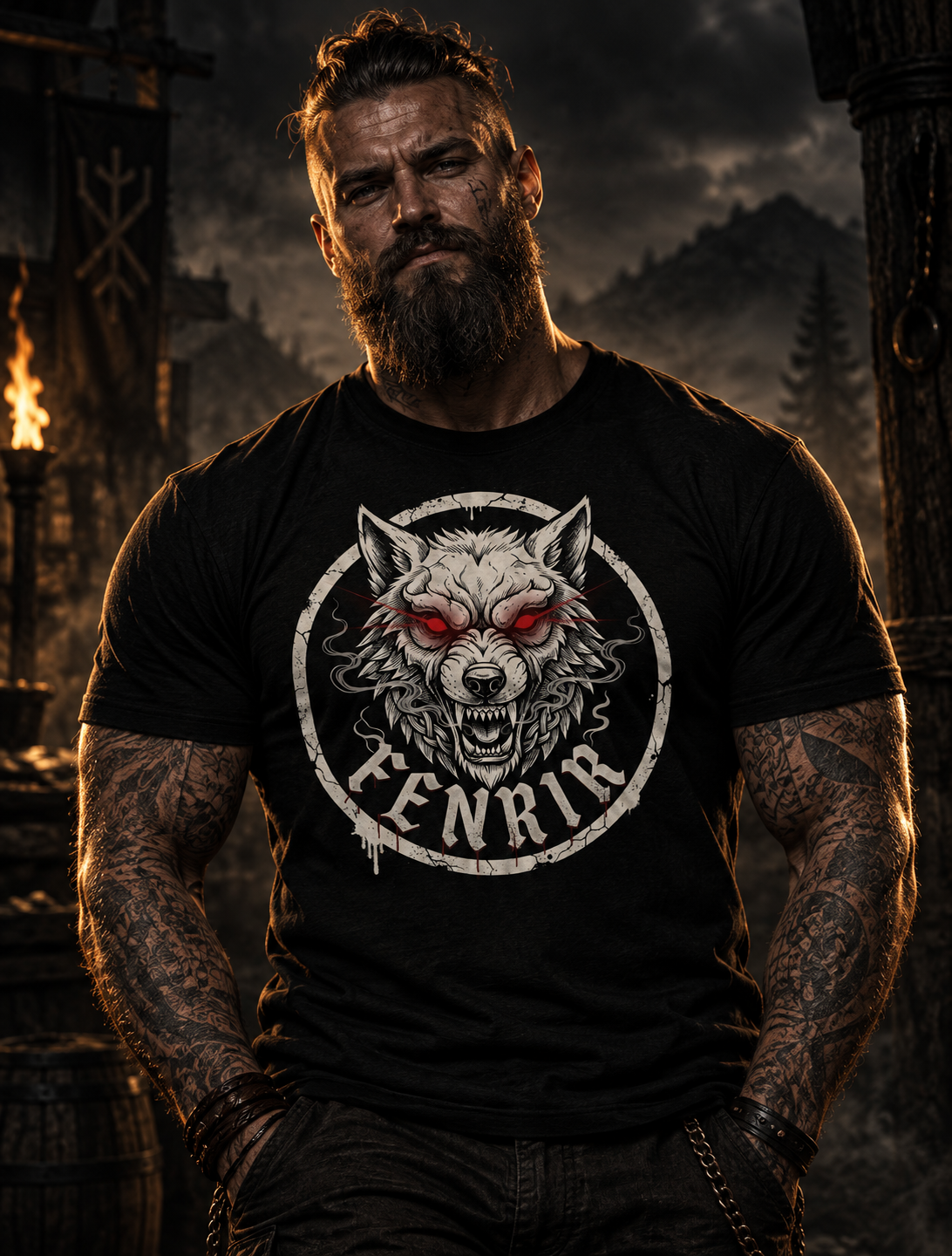 Fenrir Wikinger T-Shirt am Model, KI-generiert