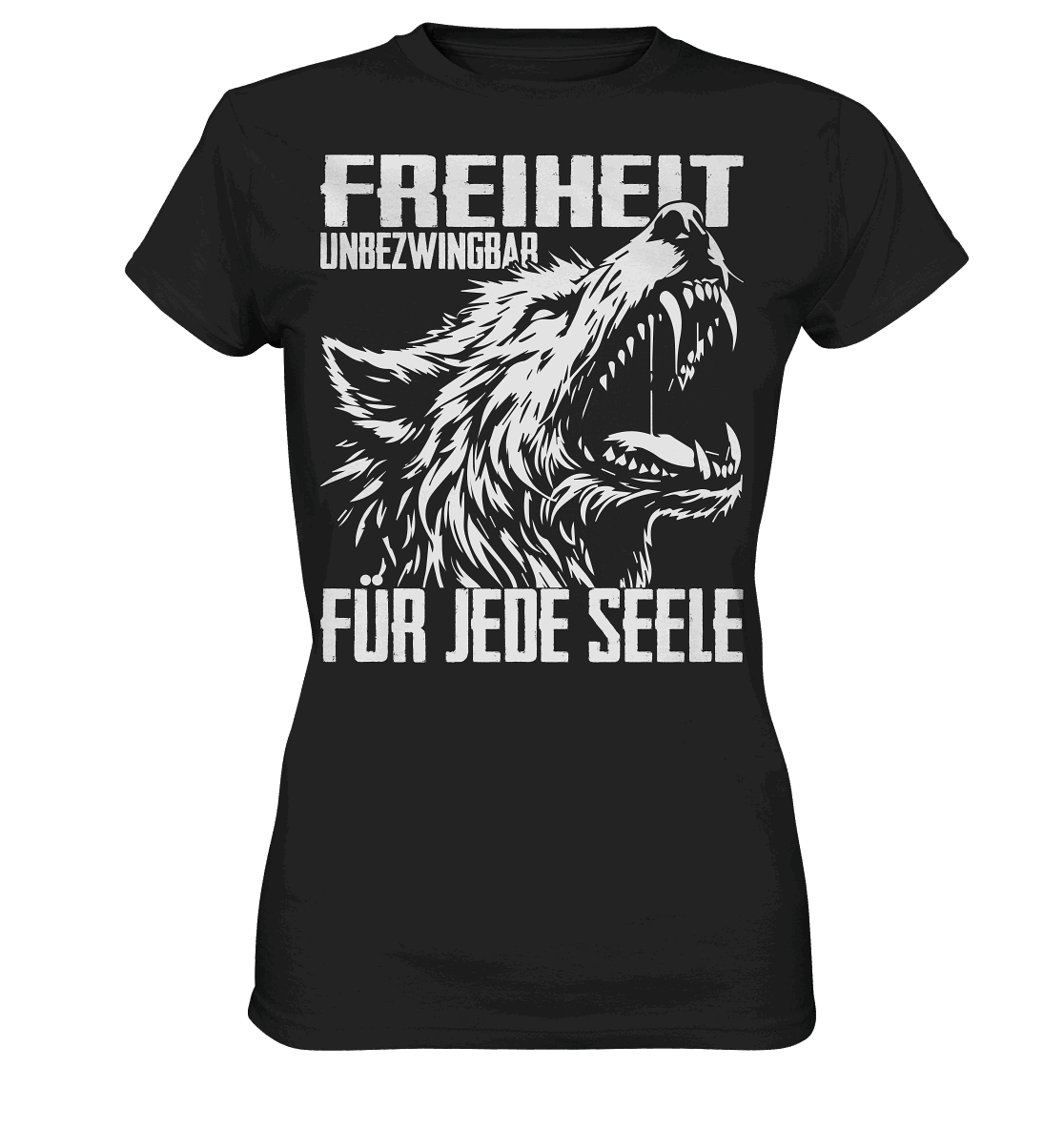 Freiheit für jede Seele Damen Shirt in Schwarz: brüllender Wolfskopf mit Schriftzug Freiheit unbezwingbar für jede Seele