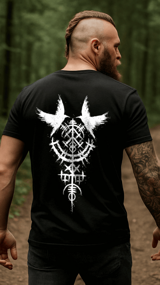 Mystische Kräfte Wikinger T-Shirt am Model, KI-generiert