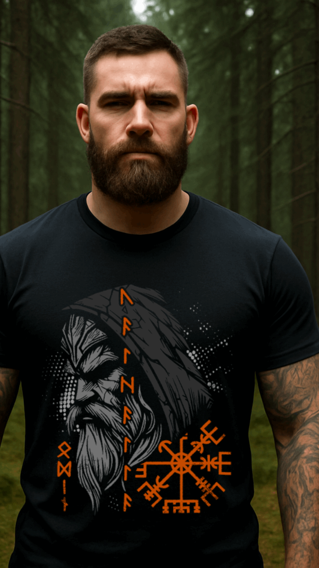 Odin Valhalla Allvater Wikinger T-Shirt am Model, KI-generiert
