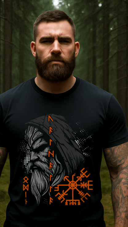 Odin Valhalla Allvater Wikinger T-Shirt am Model, KI-generiert