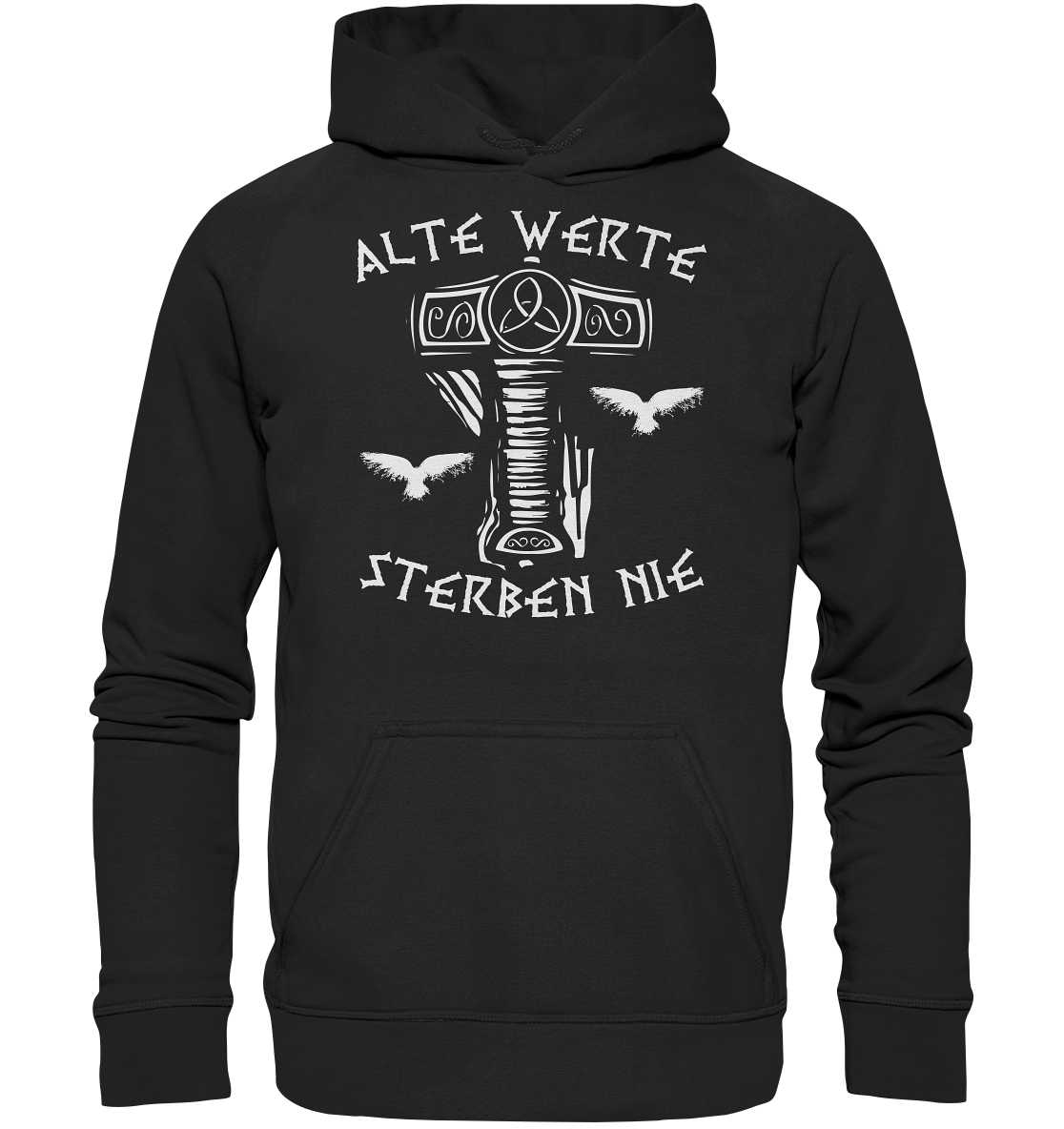 Wikinger Hoodie Herren schwarz – Alte Werte Norse Mythologie mit Rabe und Thor-Hammer-Motiv