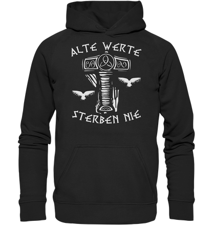 Wikinger Hoodie Herren schwarz – Alte Werte Norse Mythologie mit Rabe und Thor-Hammer-Motiv