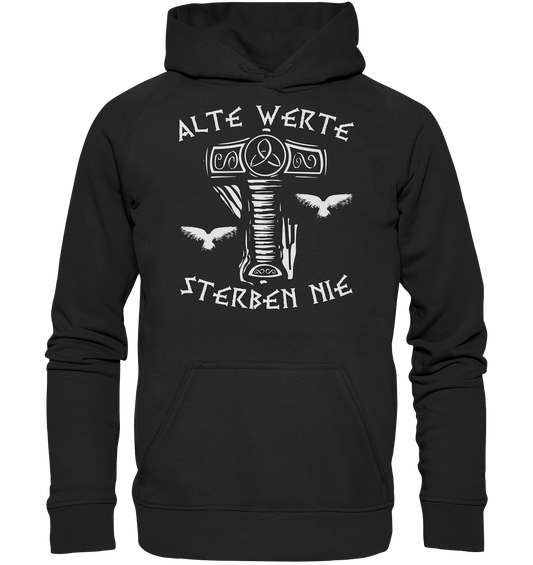 Wikinger Hoodie Herren schwarz – Alte Werte Norse Mythologie mit Rabe und Thor-Hammer-Motiv