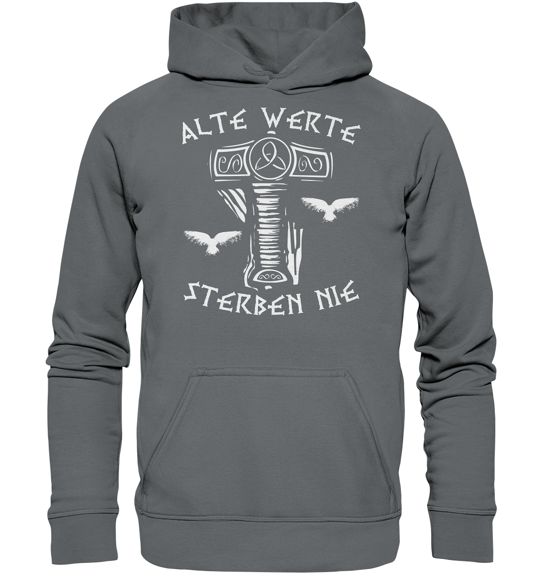 Wikinger Hoodie Herren grau – Alte Werte Norse Mythologie mit Raben und Thor-Hammer-Symbol.