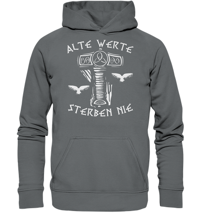Wikinger Hoodie Herren grau – Alte Werte Norse Mythologie mit Raben und Thor-Hammer-Symbol.