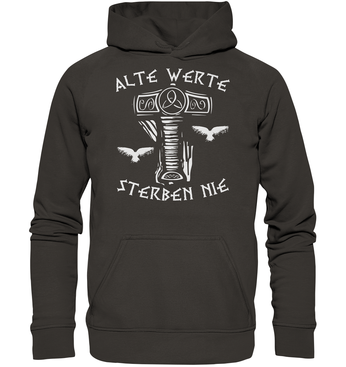 Wikinger Hoodie Herren schwarz – Thor-Hammer mit Raben und "Alte Werte Sterben Nie"-Motto, Norse Mythologie Design.