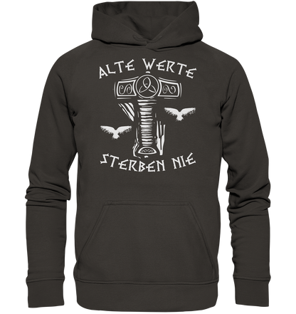 Wikinger Hoodie Herren schwarz – Thor-Hammer mit Raben und "Alte Werte Sterben Nie"-Motto, Norse Mythologie Design.