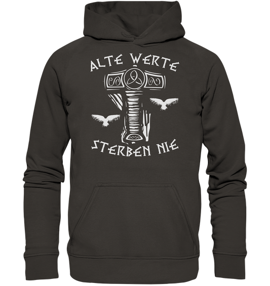 Wikinger Hoodie Herren schwarz – Thor-Hammer mit Raben und "Alte Werte Sterben Nie"-Motto, Norse Mythologie Design.