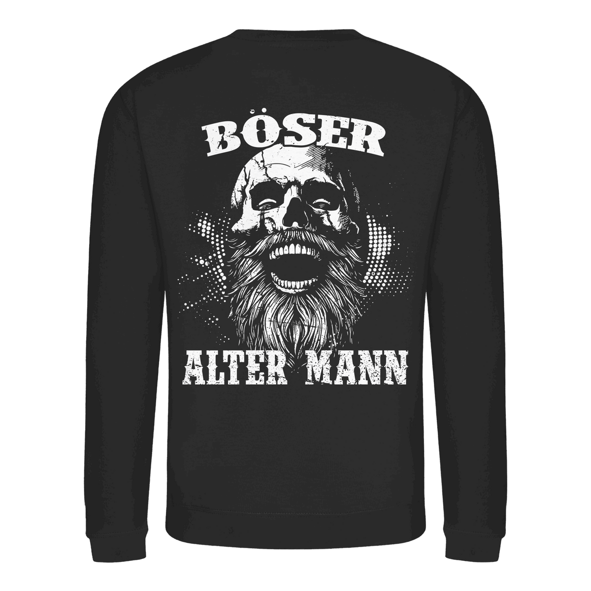 Böser alter Mann Sweatshirt: lachender Schädel mit Rauschebart auf dem Rücken
