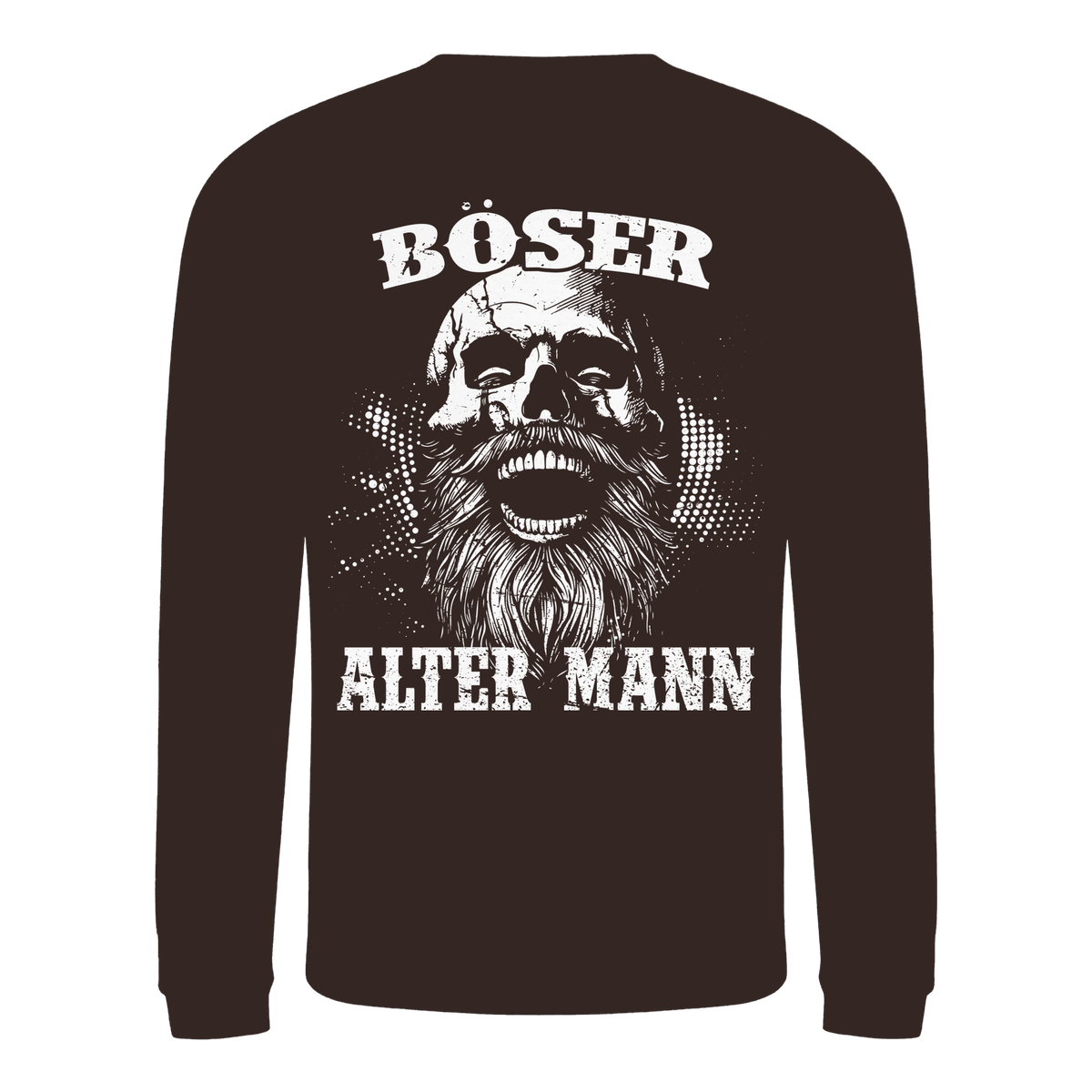 Böser alter Mann Sweatshirt: lachender Schädel mit Rauschebart auf dem Rücken