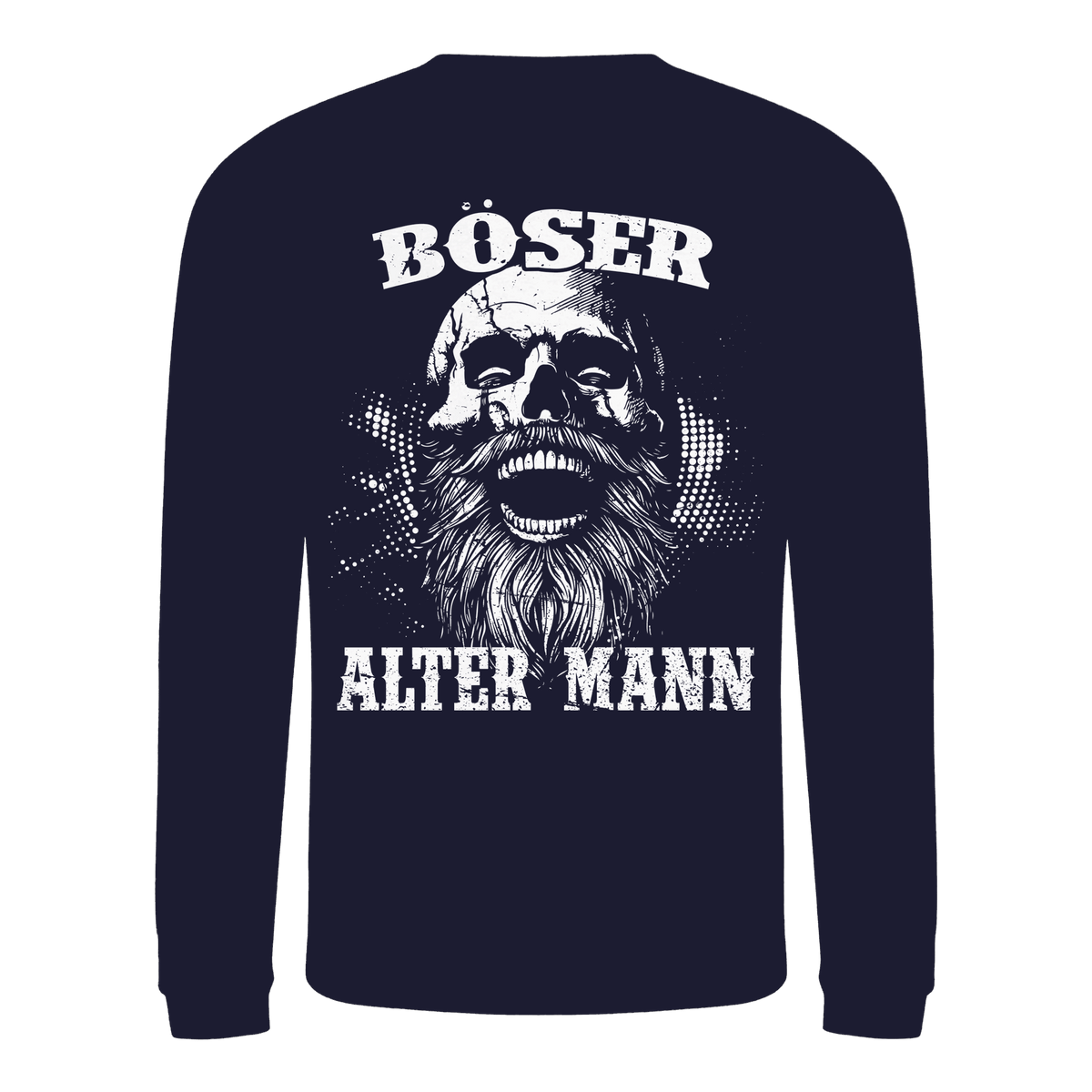 Böser alter Mann Sweatshirt: lachender Schädel mit Rauschebart auf dem Rücken