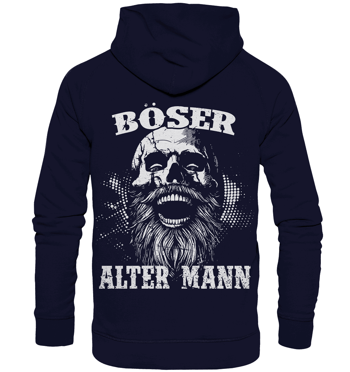 Böser alter Mann Hoodie: lachender Schädel mit Rauschebart auf dem Rücken
