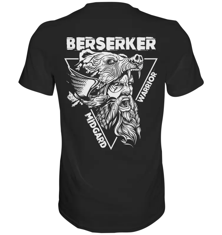 Berserker T-Shirt Herren schwarz – Midgard Krieger mit Wolfskopf und Wikinger-Bart, Norse Warrior Mythologie Design.