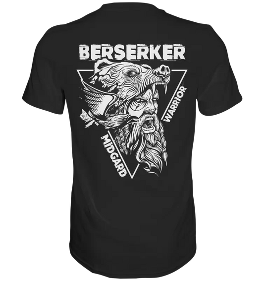 Berserker T-Shirt Herren schwarz – Midgard Krieger mit Wolfskopf und Wikinger-Bart, Norse Warrior Mythologie Design.