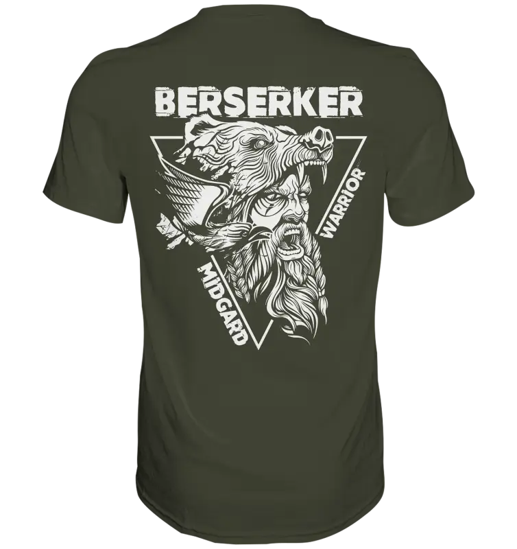 Berserker T-Shirt Herren – Midgard Warrior mit Wolfskopf, Runen und Berserker-Text in Schwarz-Weiß auf Baumwolle