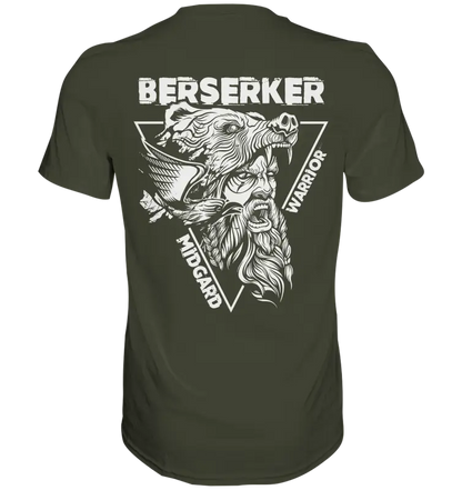 Berserker T-Shirt Herren – Midgard Warrior mit Wolfskopf, Runen und Berserker-Text in Schwarz-Weiß auf Baumwolle