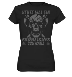 Fröhliches Schwarz Damen Shirt: grinsender Schädel mit gekreuzten Äxten