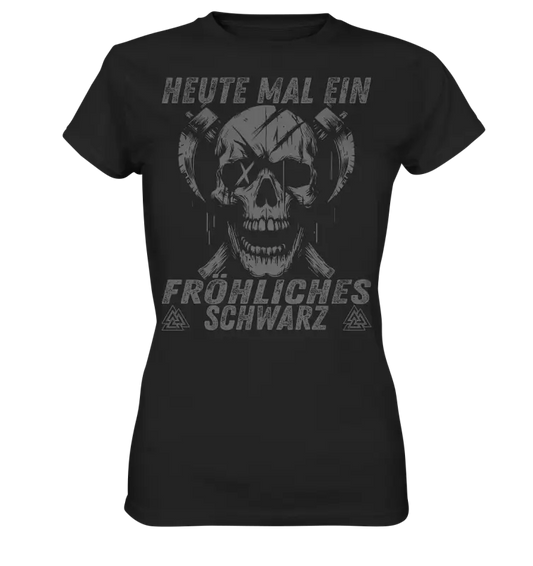 Fröhliches Schwarz Damen Shirt: grinsender Schädel mit gekreuzten Äxten