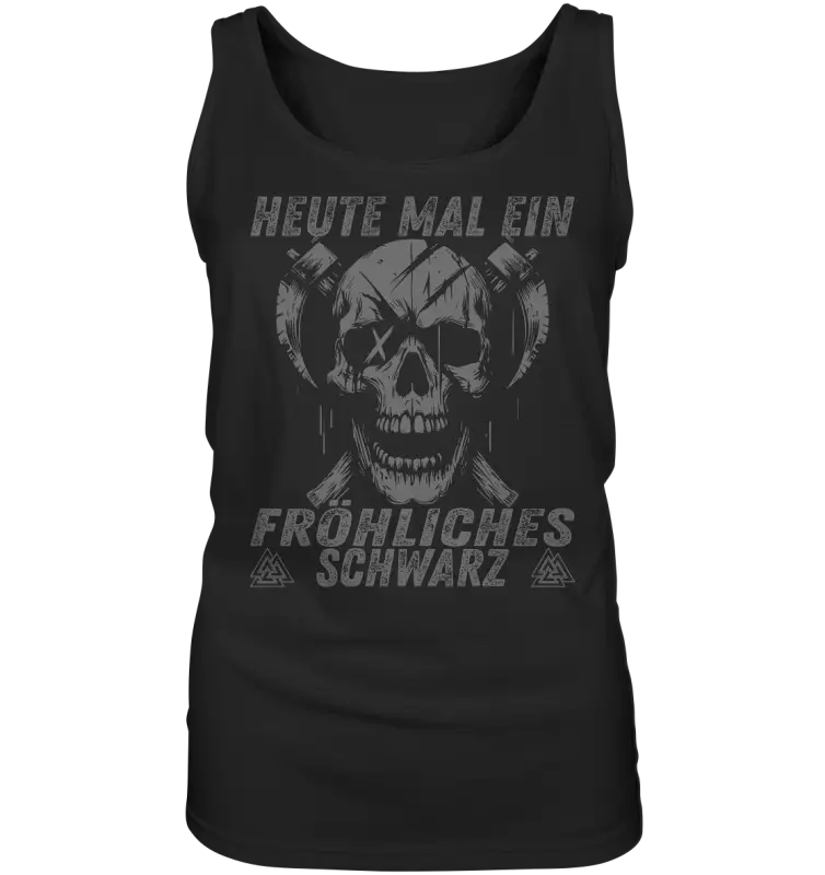 Fröhliches Schwarz Damen Tanktop: grinsender Schädel mit gekreuzten Äxten