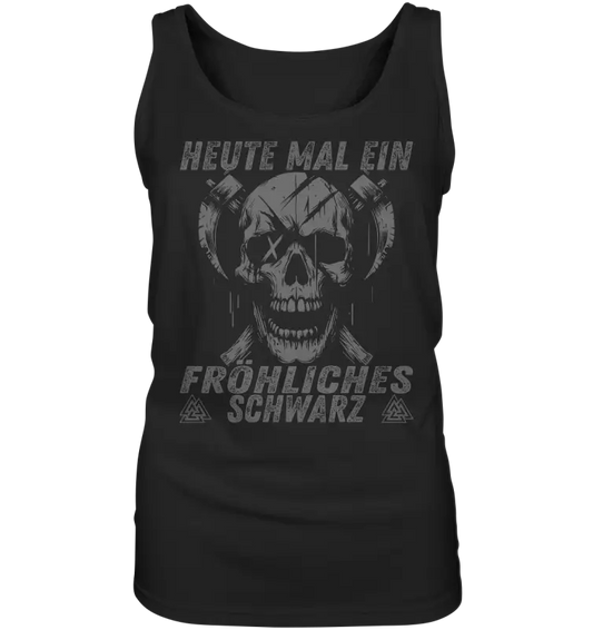 Fröhliches Schwarz Damen Tanktop: grinsender Schädel mit gekreuzten Äxten