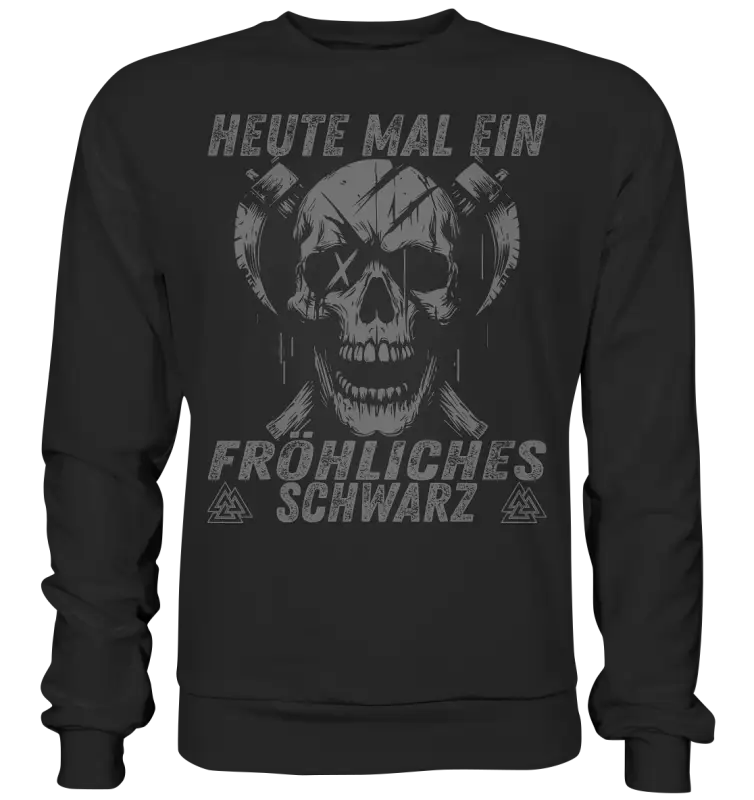 Fröhliches Schwarz Sweatshirt: grinsender Schädel mit gekreuzten Äxten