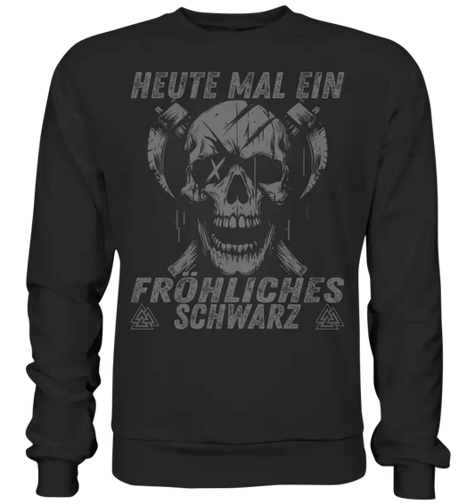Fröhliches Schwarz Sweatshirt: grinsender Schädel mit gekreuzten Äxten