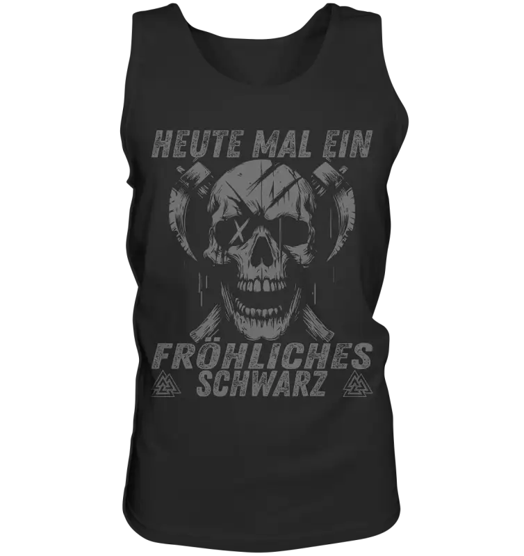 Fröhliches Schwarz Tanktop Herren: grinsender Schädel mit gekreuzten Äxten