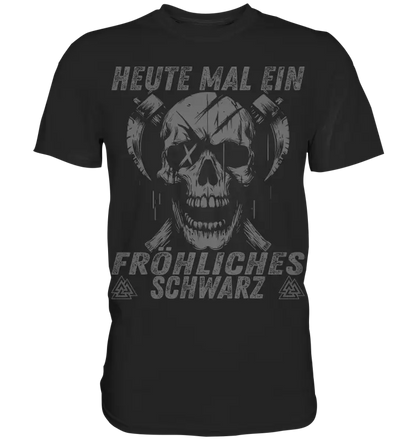 Fröhliches Schwarz Totenkopf Shirt: grinsender Schädel mit gekreuzten Äxten