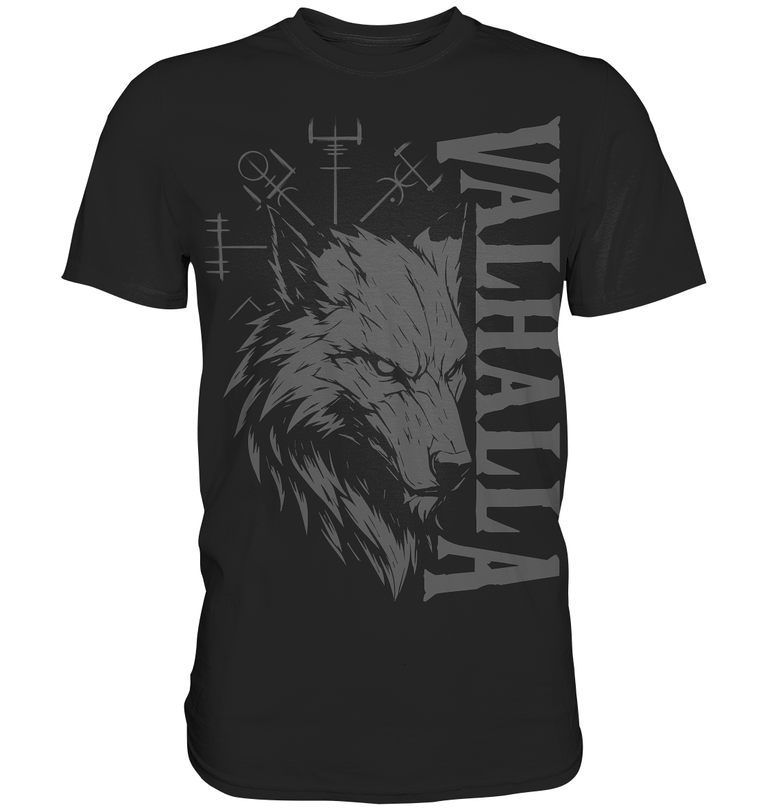 Walhalla Wolf Shirt Herren: Wolfskopf mit Valhalla-Schriftzug und Vegvísir in grauem Druck