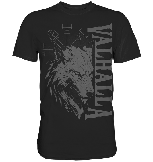 Walhalla Wolf Shirt Herren: Wolfskopf mit Valhalla-Schriftzug und Vegvísir in grauem Druck