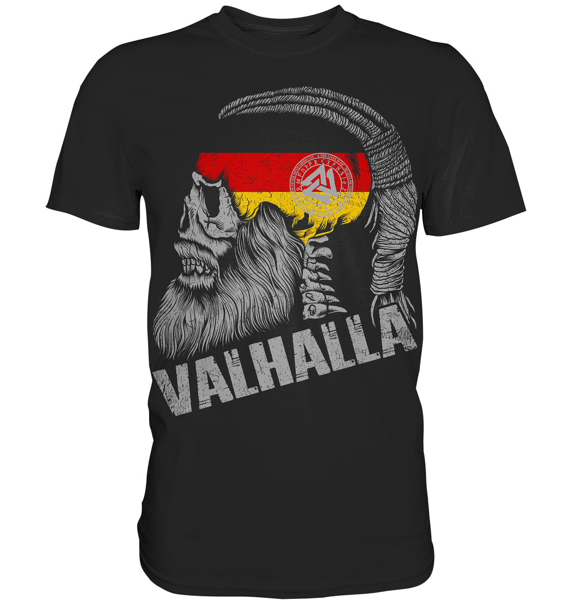 Valhalla Germany Wikinger Shirt: Wikinger-Schädel mit Zopf, Streifen in Schwarz-Rot-Gold und Valknut