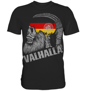 Valhalla Germany Wikinger Shirt: Wikinger-Schädel mit Zopf, Streifen in Schwarz-Rot-Gold und Valknut
