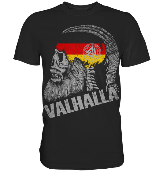 Valhalla Germany Wikinger Shirt: Wikinger-Schädel mit Zopf, Streifen in Schwarz-Rot-Gold und Valknut