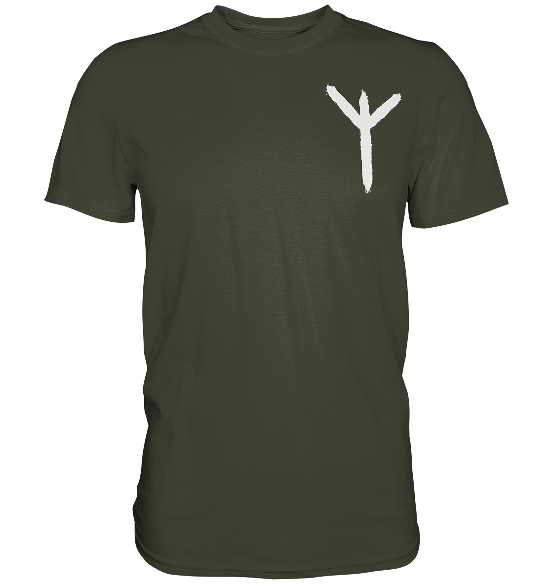 Algiz-Rune T-Shirt Herren – schwarzes Norse-Schutzsymbol auf urban-khaki Baumwollshirt, nordische Mythologie.