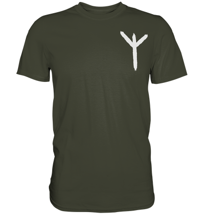 Algiz-Rune T-Shirt Herren – schwarzes Norse-Schutzsymbol auf urban-khaki Baumwollshirt, nordische Mythologie.