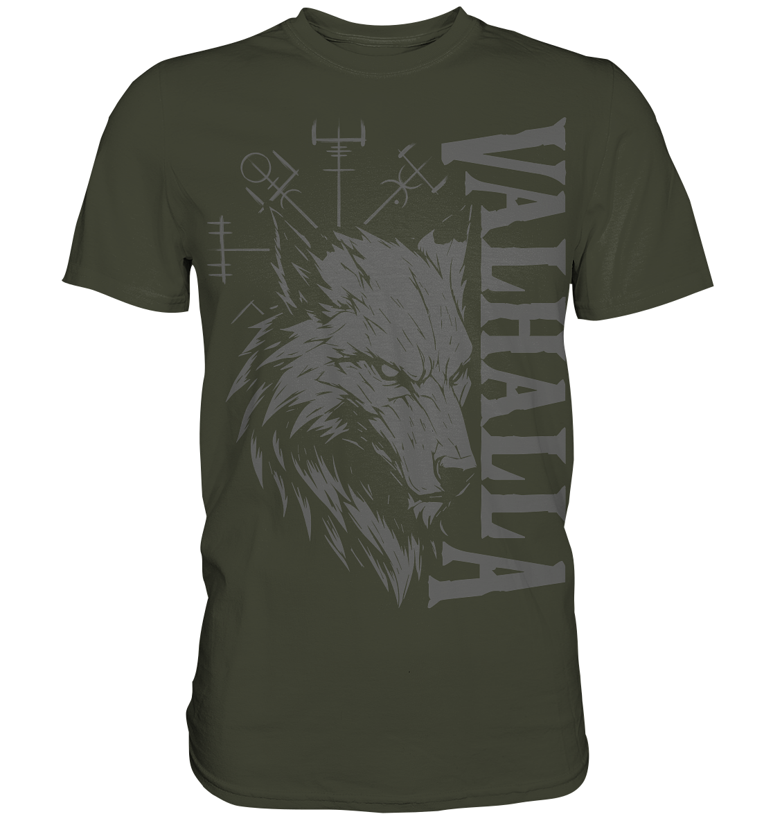 Walhalla Wolf Shirt Herren: Wolfskopf mit Valhalla-Schriftzug und Vegvísir in grauem Druck
