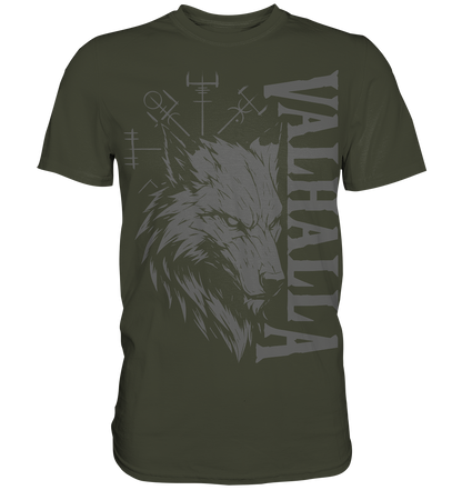 Walhalla Wolf Shirt Herren: Wolfskopf mit Valhalla-Schriftzug und Vegvísir in grauem Druck
