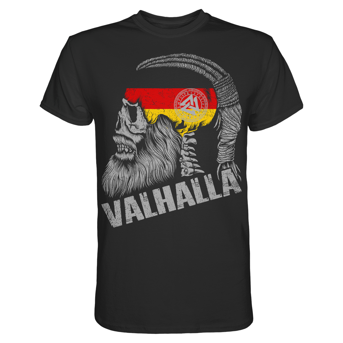 Valhalla Germany Wikinger Shirt: Wikinger-Schädel mit Zopf, Streifen in Schwarz-Rot-Gold und Valknut