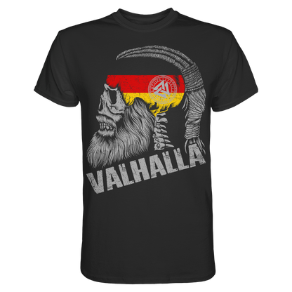 Valhalla Germany Wikinger Shirt: Wikinger-Schädel mit Zopf, Streifen in Schwarz-Rot-Gold und Valknut