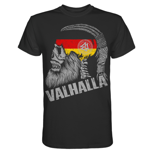 Valhalla Germany Wikinger Shirt: Wikinger-Schädel mit Zopf, Streifen in Schwarz-Rot-Gold und Valknut