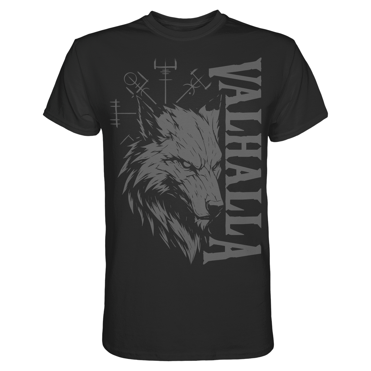 Walhalla Wolf Shirt Herren: Wolfskopf mit Valhalla-Schriftzug und Vegvísir in grauem Druck