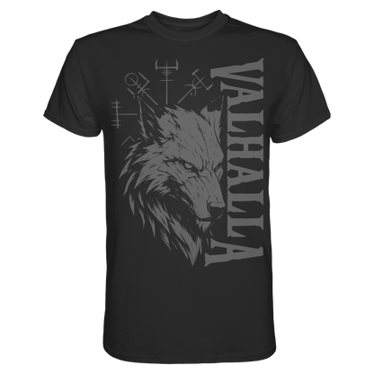 Walhalla Wolf Shirt Herren: Wolfskopf mit Valhalla-Schriftzug und Vegvísir in grauem Druck