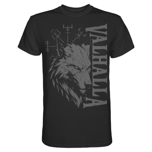 Walhalla Wolf Shirt Herren: Wolfskopf mit Valhalla-Schriftzug und Vegvísir in grauem Druck